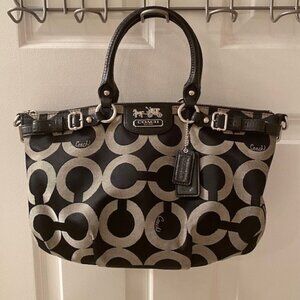 COACH: BLACK & BEIGE CANVAS SATCHEL W/ ZIPPER CLOSURE-MEDIUM SIZE